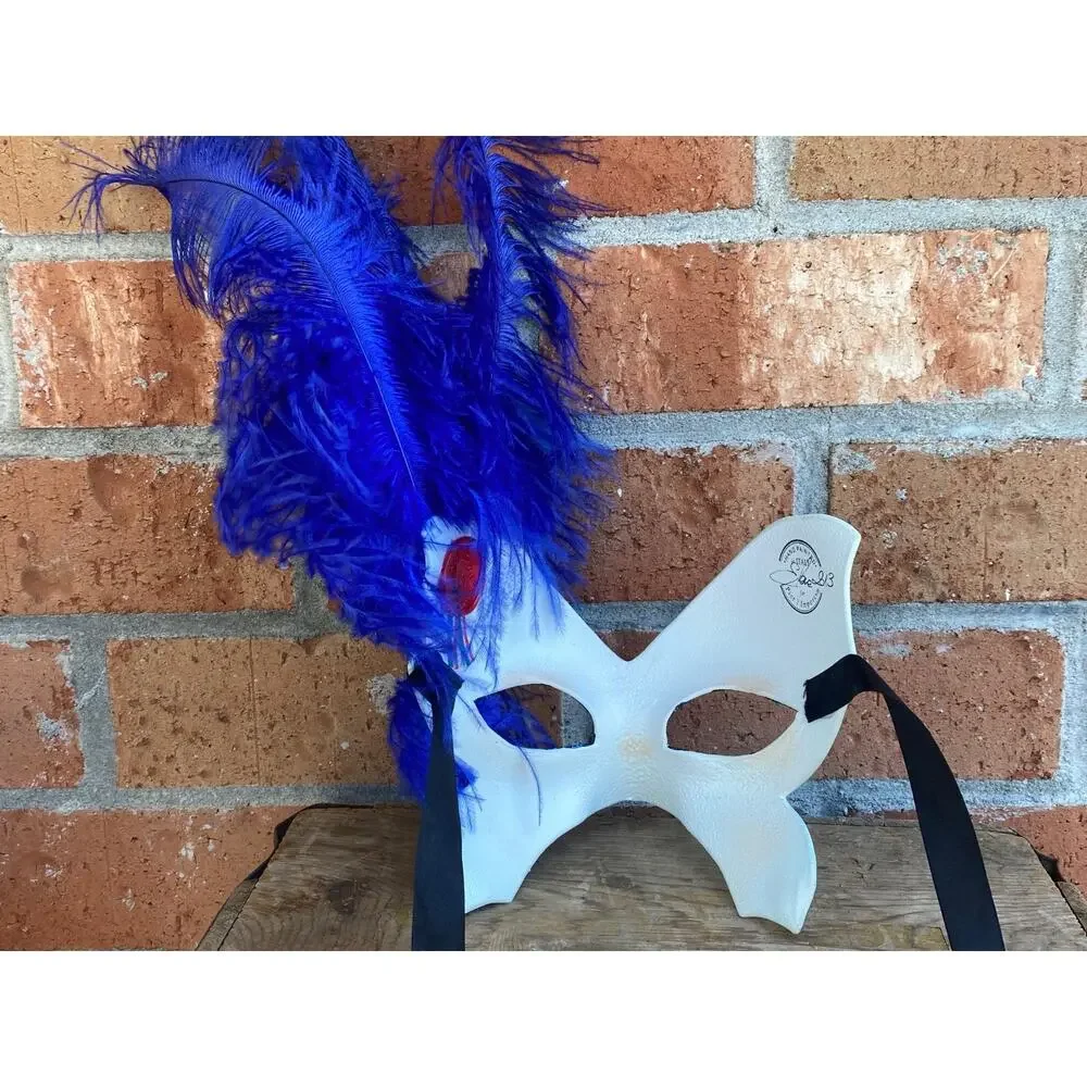 Pier 1 Mask Maschera Del Galeone Italy Hand-Painted Masquerade Blue Feathers